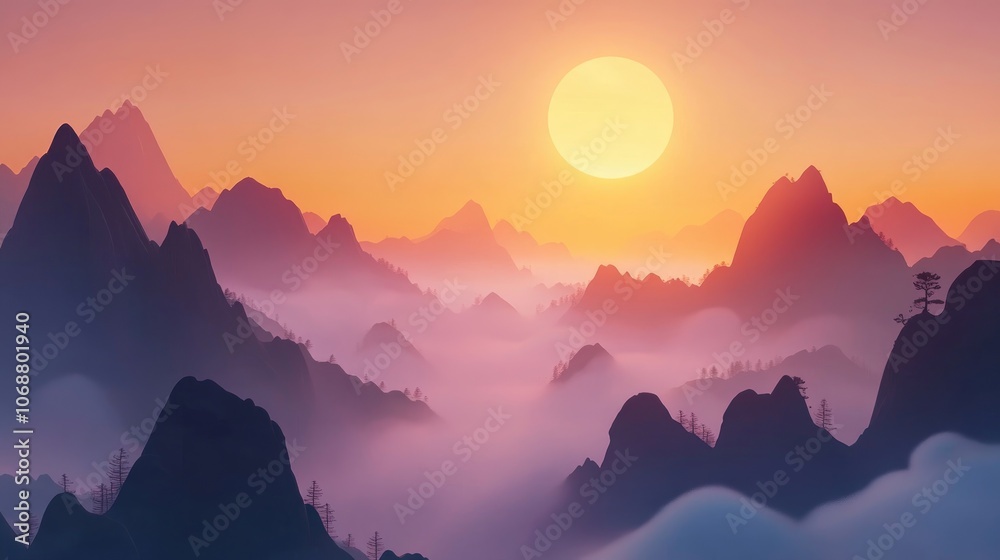 Fototapeta premium Sunset illuminating mountain silhouettes shrouded in fog perfect for tranquil landscape visuals