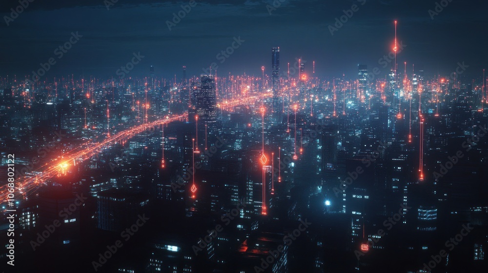High angle view of the city at night. 3D Rendering - Generated AI High angle view of the city at night. 3D Rendering - Generated AI