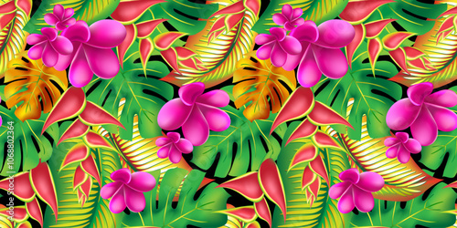 Palm monstera leaves with hibiscus and pink plumeria flowers abstract background. Trendy summer exotic flower print.
