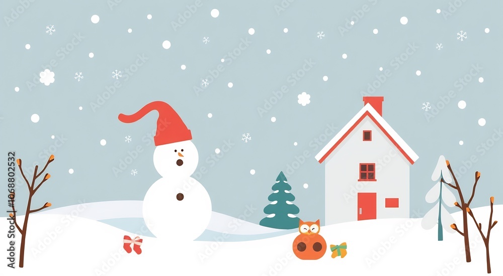 Snowman in Winter Wonderland with Owl and House. Snowman in Winter Wonderland with Owl and House.