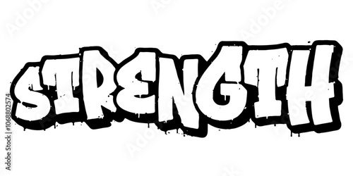 Word ‘Strength’ written in retro three-dimensional graffiti style with dripping paint effect
