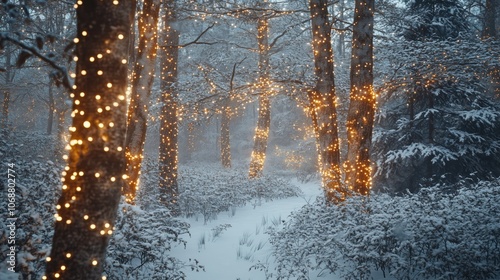 Golden Fairy Lights Adorning Trees in Winter Snow Landscape - made with Generative AI photo