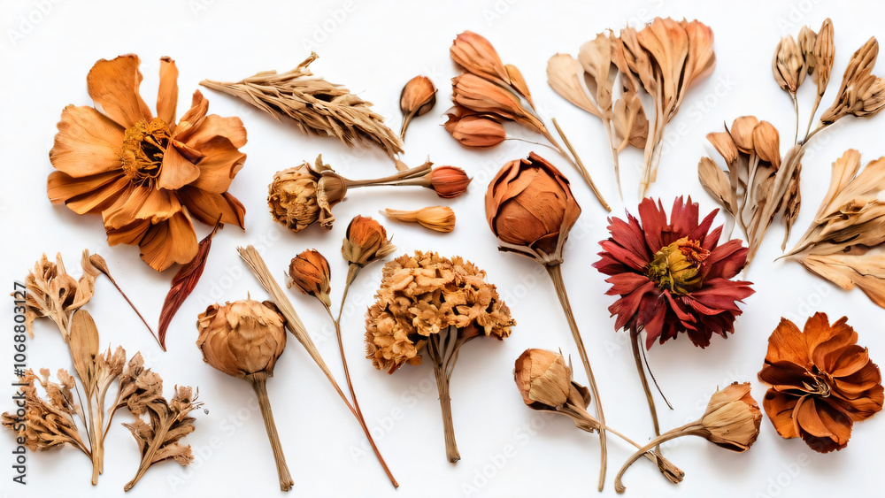 Fototapeta premium A collection of dried everlasting flowers on a white background.