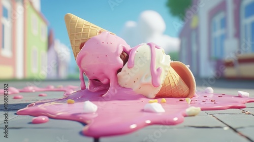 Melting ice cream spilled on the ground capturing the essence of summer indulgence