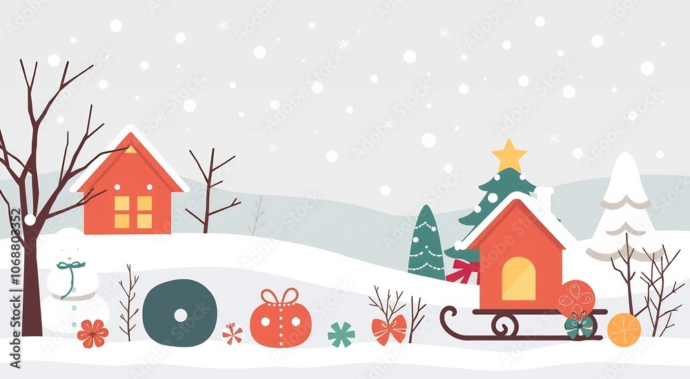 Winter wonderland with a red house, a snowman, and a Christmas tree on a sleigh. Winter wonderland with a red house, a snowman, and a Christmas tree on a sleigh.