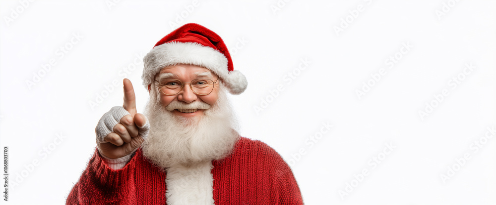 Jolly Christmas Spirit. A festive image featuring a person in a Santa Claus costume, with a red hat, white beard, and glasses, smiling and pointing upward against a white background. Jolly Christmas Spirit. A festive image featuring a person in a Santa Claus costume, with a red hat, white beard, and glasses, smiling and pointing upward against a white background.