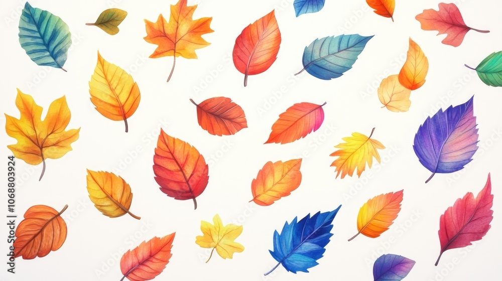 Fototapeta premium Colorful fall leaves watercolor illustration isolated on white backdrop perfect for seasonal decorations and designs