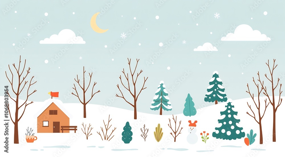 Wintery Landscape with a Cabin, Trees, and a Snowman. Wintery Landscape with a Cabin, Trees, and a Snowman.