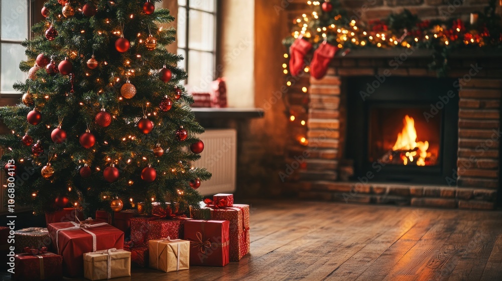 Enjoy a joyous Christmas indoors with a glowing tree, a warm fireplace, and considerate presents that create a welcoming and cozy ambiance. Enjoy a joyous Christmas indoors with a glowing tree, a warm fireplace, and considerate presents that create a welcoming and cozy ambiance.