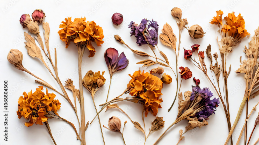 Fototapeta premium A collection of dried everlasting flowers on a white background.