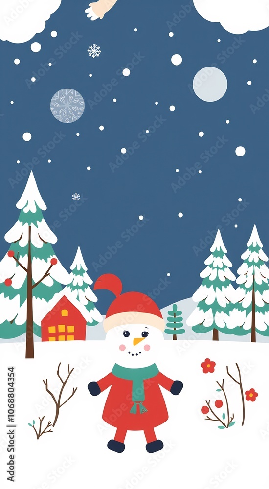 Cute snowman with red hat and scarf standing in snowy winter scene with trees, a small house, and a full moon in the night sky. Cute snowman with red hat and scarf standing in snowy winter scene with trees, a small house, and a full moon in the night sky.