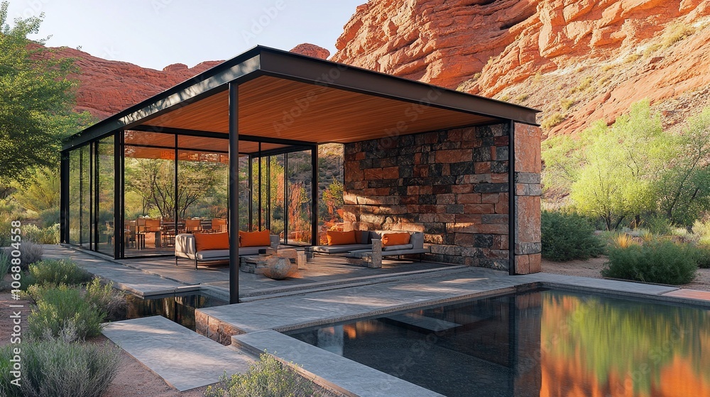 Minimalist Desert Pavilion with Glass, Stone, and Reflecting Pool Minimalist Desert Pavilion with Glass, Stone, and Reflecting Pool
