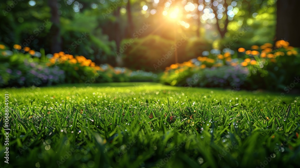 Close-up of fresh green grass with soft sunlight, the background garden is gently blurred, featuring a mix of flowers and foliage that create a peaceful and serene atmosphere. Close-up of fresh green grass with soft sunlight, the background garden is gently blurred, featuring a mix of flowers and foliage that create a peaceful and serene atmosphere.
