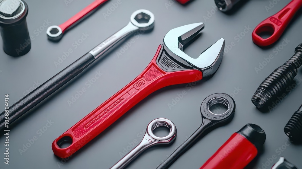 Variety of red and silver tools on gray background, perfect for mechanics or DIY enthusiasts. Variety of red and silver tools on gray background, perfect for mechanics or DIY enthusiasts.