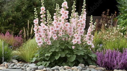 A tall hollyhock plant with pink flowers. photo