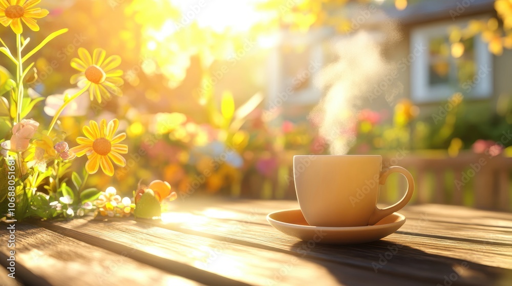 Close up of a coffee cup releasing steam warm morning sunlight illuminating an outdoor breakfast scene Close up of a coffee cup releasing steam warm morning sunlight illuminating an outdoor breakfast scene