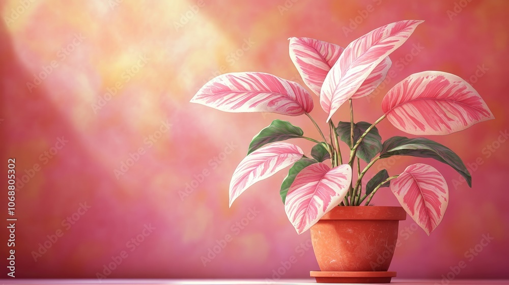 Close up of a vibrant pink variegated leaf plant in a terracotta pot ideal for home decor and indoor gardening