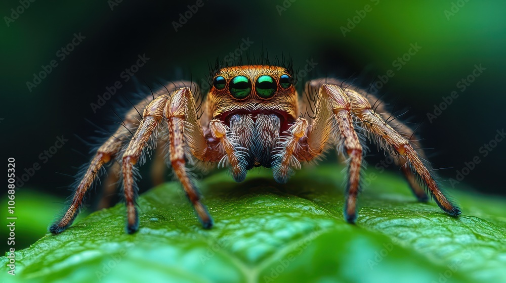 A close-up of a jumping spider with vibrant green eyes, perched on a green leaf. A close-up of a jumping spider with vibrant green eyes, perched on a green leaf.
