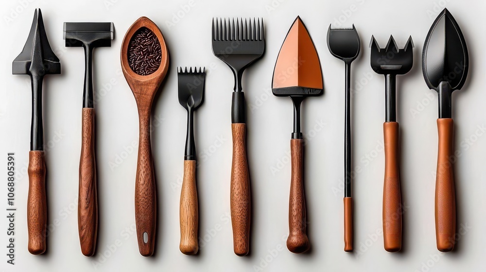Gardening tools with wooden handles on a white isolated background. Gardening tools with wooden handles on a white isolated background.