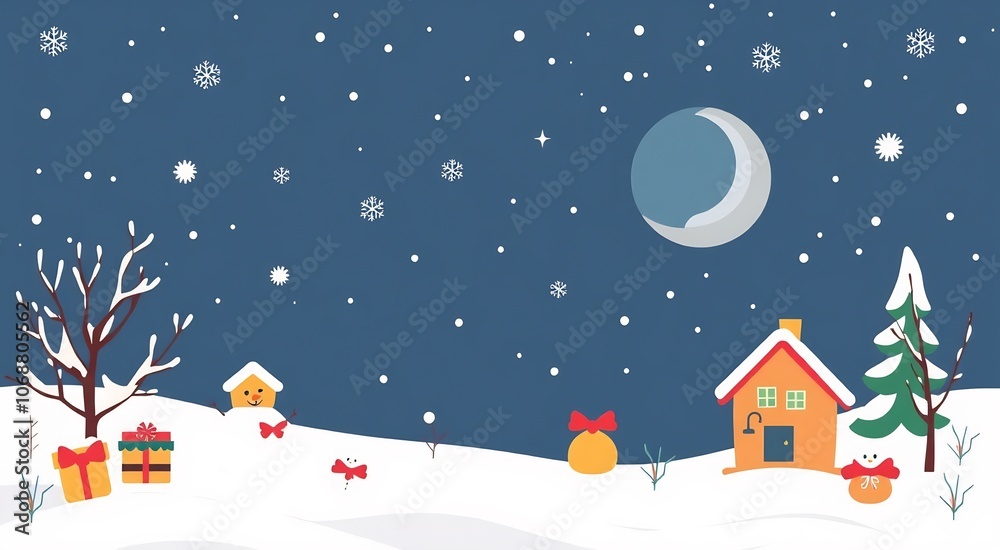Snowy night landscape with a house, snowman, and gifts. Snowy night landscape with a house, snowman, and gifts.