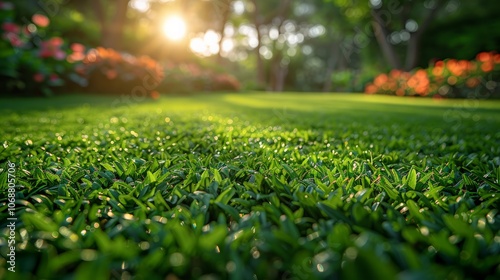 Close-up of well-maintained green grass with the background garden softly blurred, featuring blooming flowers and leafy plants that evoke a sense of tranquility and peace.