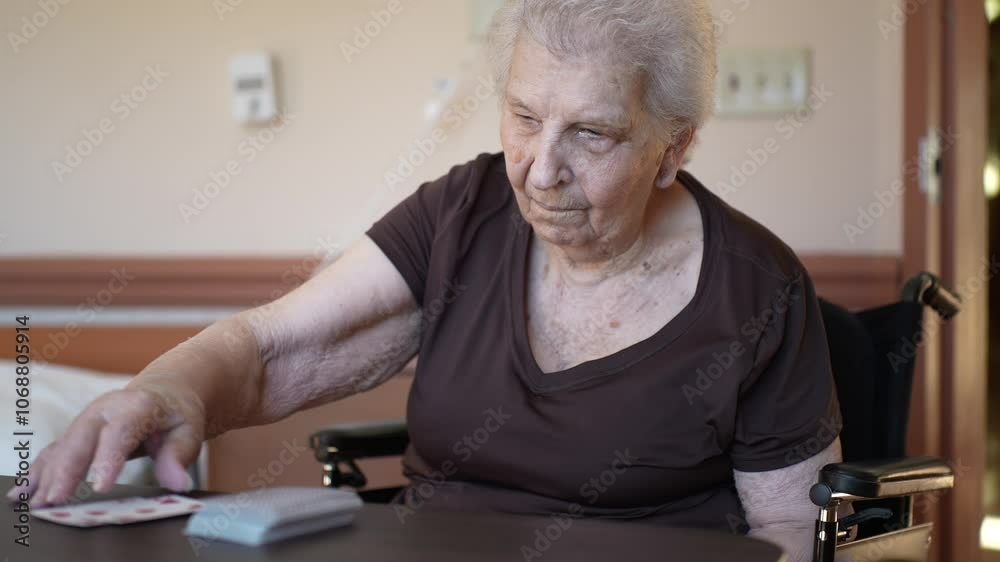 An elderly woman with white hair, wearing a brown shirt, sits in a wheelchair and plays cards at a table. A glass of water and a straw are visible in the background. An elderly woman with white hair, wearing a brown shirt, sits in a wheelchair and plays cards at a table. A glass of water and a straw are visible in the background.