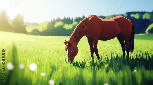 Warmblood horse peacefully grazing on a vibrant green meadow showcasing tranquility in nature photo