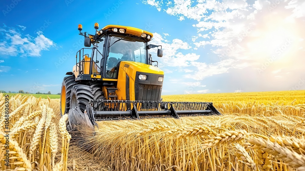 Obraz premium Tractor harvesting wheat in golden field under blue sky with sun