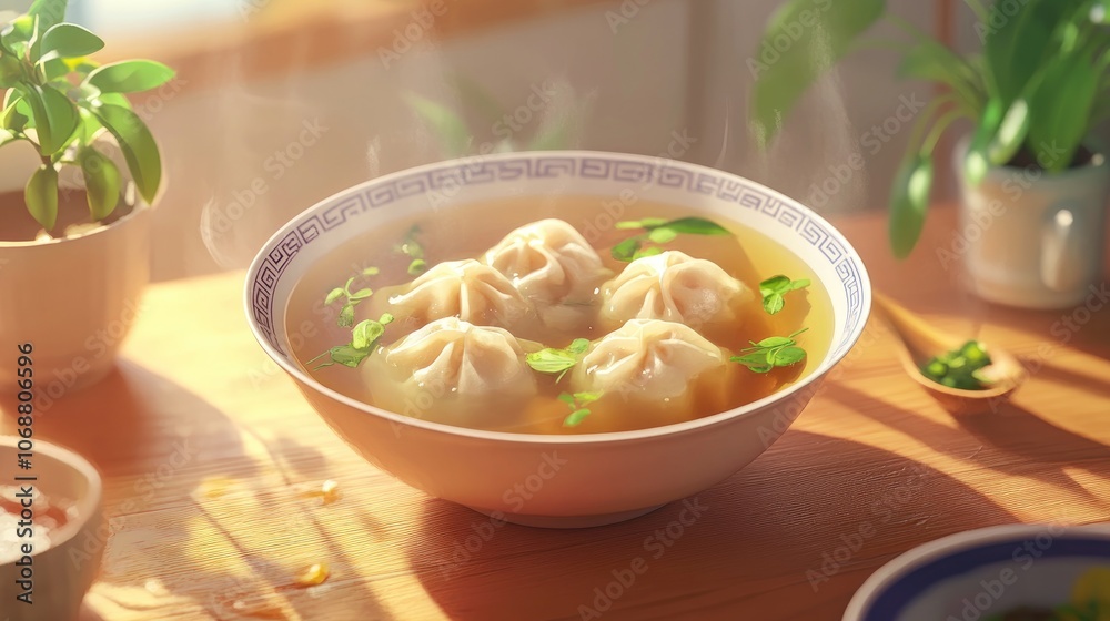 Delicate Chinese vegetable wontons floating in a clear broth filled with aromatic herbs and spices perfect for a comforting meal Delicate Chinese vegetable wontons floating in a clear broth filled with aromatic herbs and spices perfect for a comforting meal
