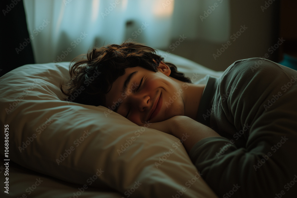 Portrait of sleep man with smile, Selective focus wake up late boy in the morning, Sweet dream man on the bed. Portrait of sleep man with smile, Selective focus wake up late boy in the morning, Sweet dream man on the bed.