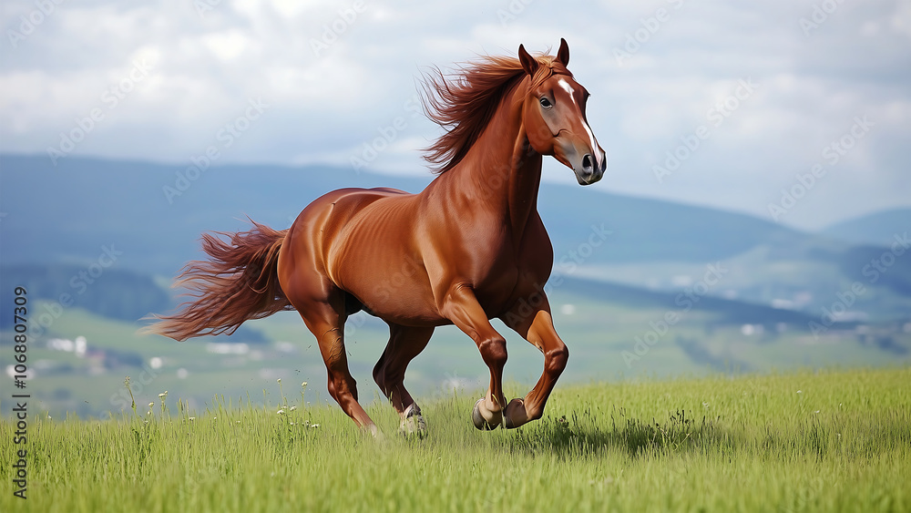 A brown horse running on green field with mountain background.