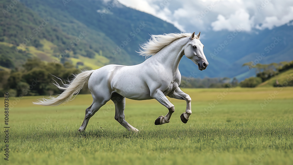 A white horse running on green field with mountain background. A white horse running on green field with mountain background.