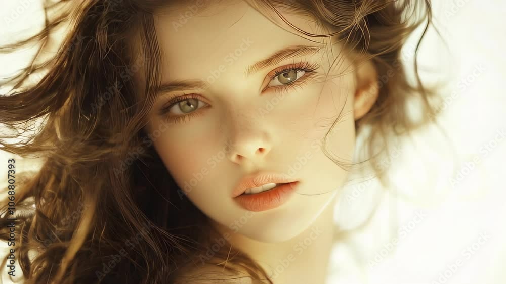 Captivating close-up of a young woman with flowing hair and striking green eyes against a soft, light background