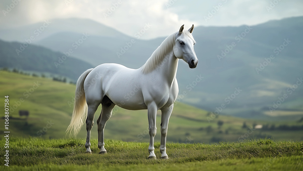 A white horse stranding on green field with mountain background. A white horse stranding on green field with mountain background.