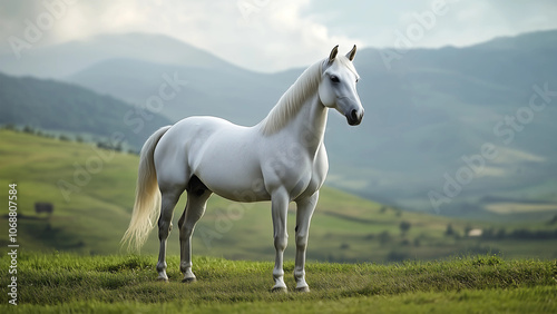 A white horse stranding on green field with mountain background.