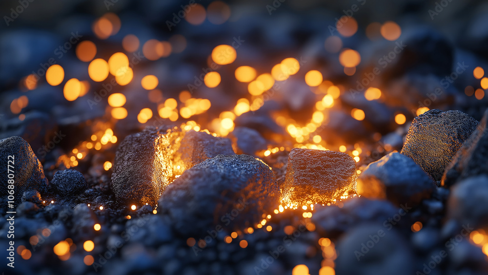 Warm embers scattered on dark rocks create a captivating glow Warm embers scattered on dark rocks create a captivating glow