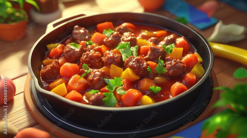 Hearty beef goulash displayed in a cast iron pan close up top view showcasing rich flavors and textures Hearty beef goulash displayed in a cast iron pan close up top view showcasing rich flavors and textures