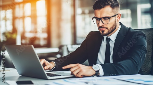 Focused Businessman: A serious, determined businessman in a sharp suit works intently on his laptop, surrounded by paperwork in a modern office setting. The image conveys professionalism, dedication.