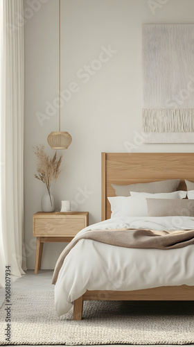 Modern Minimalist Bedroom with Soft White Walls, Simple Wooden Furniture, and Subtle Accents for a Peaceful, Restful Retreat. 3d render design. 
