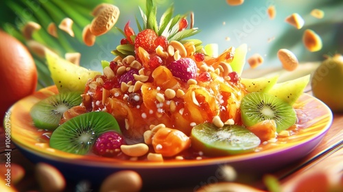 Vibrant rujak buah featuring a colorful mix of fresh fruits topped with spicy palm sugar sauce and crushed peanuts ideal for refreshing snacks or tropical dishes photo