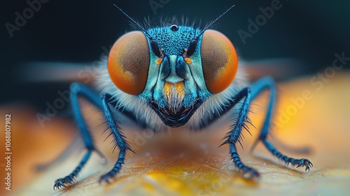 A close-up view of a blue and orange fly with large red eyes.