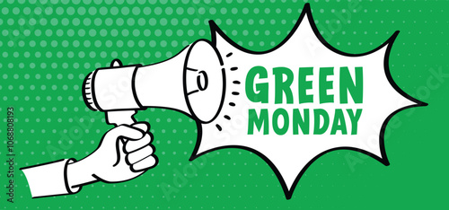 Slogan green monday. Green Monday offer takes place on the second Monday in December and is the day when many people buy last minute gifts, sale deals. Online shopping concept. 