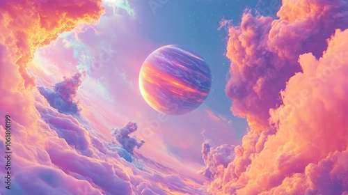 Vibrant artist s interpretation of a hot Jupiter class exoplanet showcasing swirling clouds and atmospheric features in a dynamic 3D space illustration photo