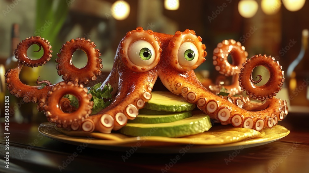 Octopus tostadas topped with creamy avocado slices ideal for gourmet seafood dining Octopus tostadas topped with creamy avocado slices ideal for gourmet seafood dining