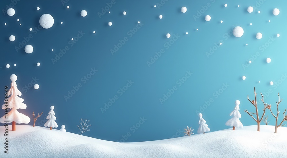 Snowy winter landscape with falling snow, trees, and a blue sky. Snowy winter landscape with falling snow, trees, and a blue sky.