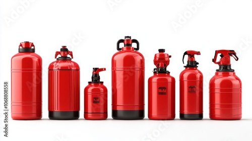 Various fire extinguishers in red color, isolated on white background.