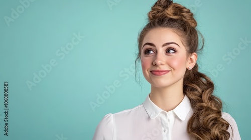 Dreamy Gaze: A young woman with a captivating long braid hairstyle, casts a thoughtful, hopeful gaze to the side, against a serene teal backdrop, copy space for text 