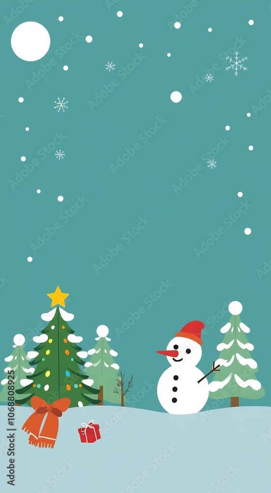 A snowman standing in front of a decorated Christmas tree in a snowy landscape. A snowman standing in front of a decorated Christmas tree in a snowy landscape.