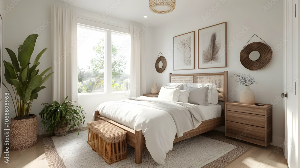 Fototapeta premium Modern Minimalist Bedroom with Soft White Walls, Simple Wooden Furniture, and Subtle Accents for a Peaceful, Restful Retreat. 3d render design. 