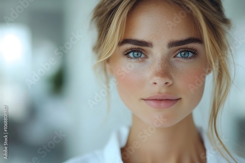 Close-Up Portrait of Confident Woman with Blue Eyes in Studio